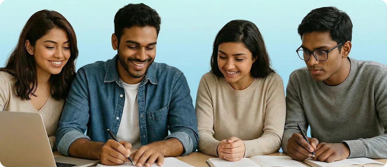 Students collaborating in a modern campus setting